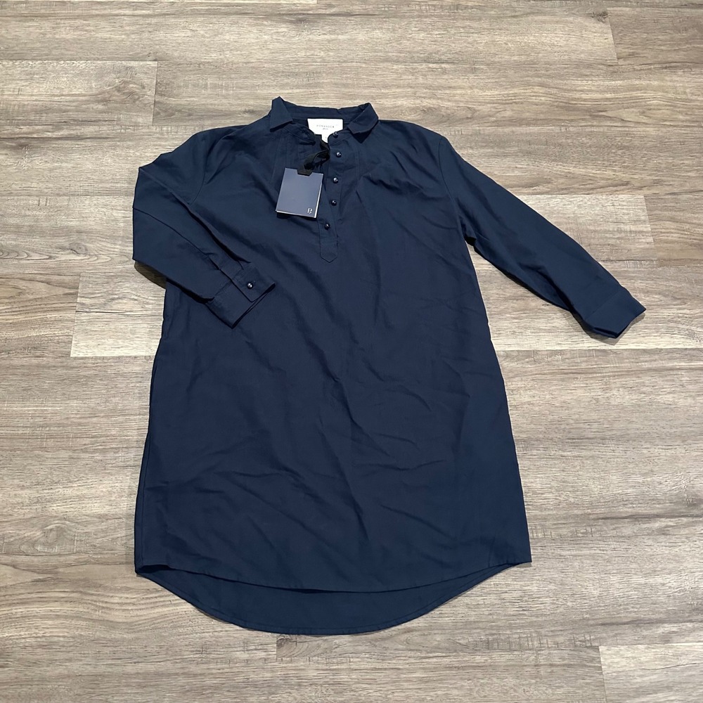 NWT Pomander Place French Navy Blue 100% Cotton Shirt Dress Pockets XS